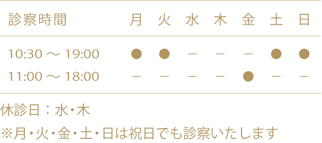 リアルクリニックの診療時間:月・火・土・日曜日は10:30~19:00、金曜日は11:00~18:00、休診日は水・木曜日