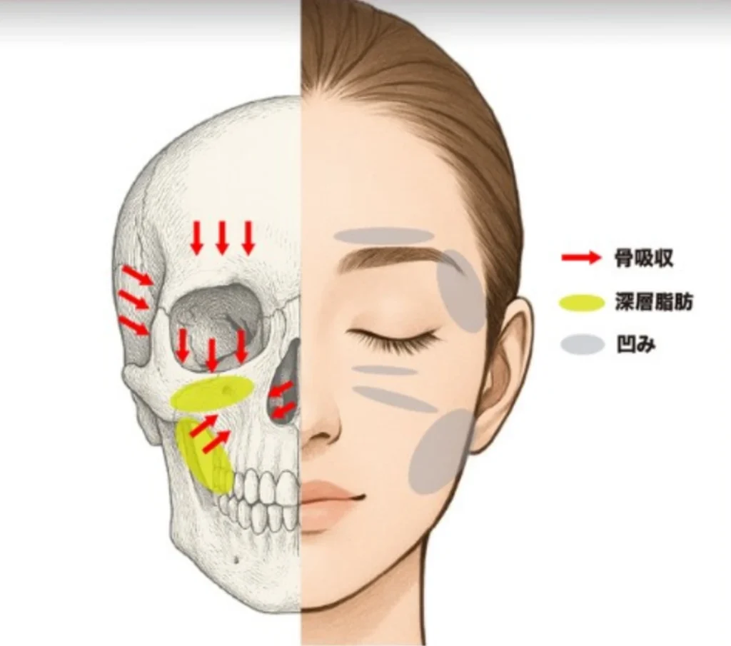 骨吸収、深層脂肪、凹みの模式図