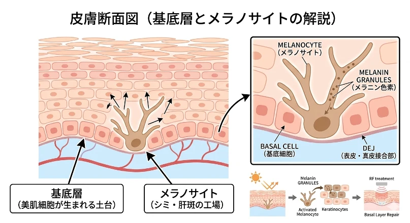 皮膚断面図（基底層とメラノサイトの解説）