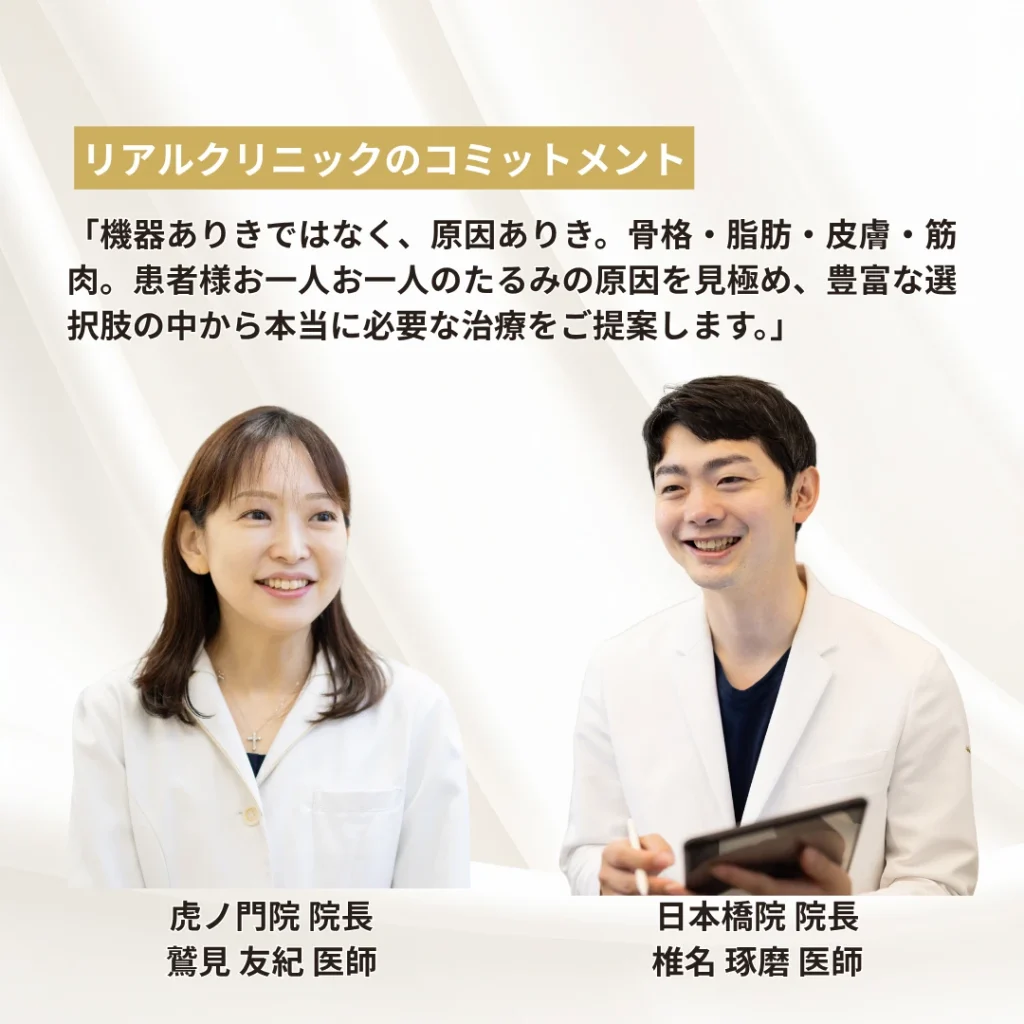 機器ありきではなく、原因ありき。骨格・脂肪・皮膚・筋肉。患者様お一人お一人のたるみの原因を見極め、豊富な選択肢の中から本当に必要な治療をご提案します。