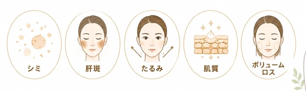 シミ、肝斑、たるみ、肌質、ボリュームロス